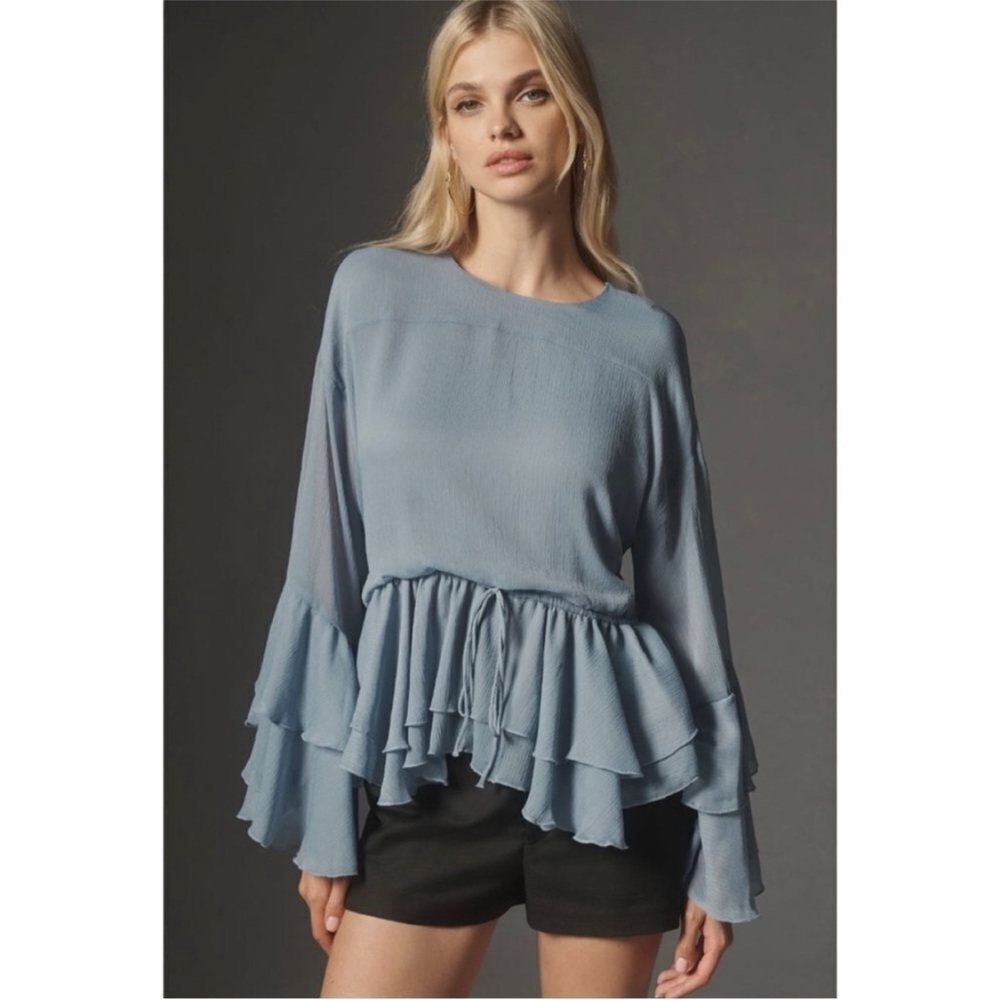 Anthropologie Blue Long Sleeve Tiered Ruffle Tunic Blouse; Size L